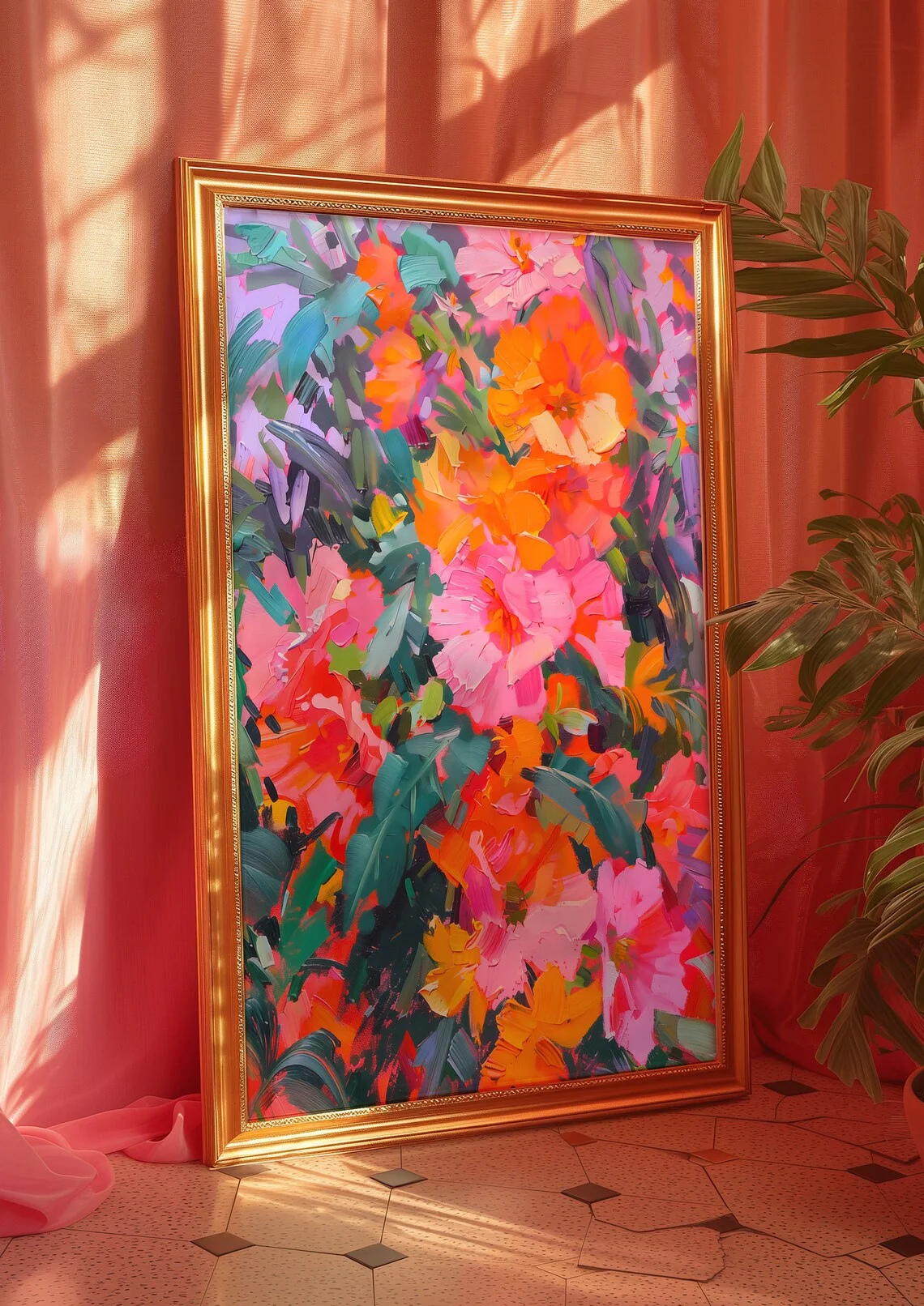 "Vibrant Floral Impasto Wall Print Decor - Bold Brushstroke Oil Painting of Pink & Orange Flowers, Modern Colorful Botanical Art image 5