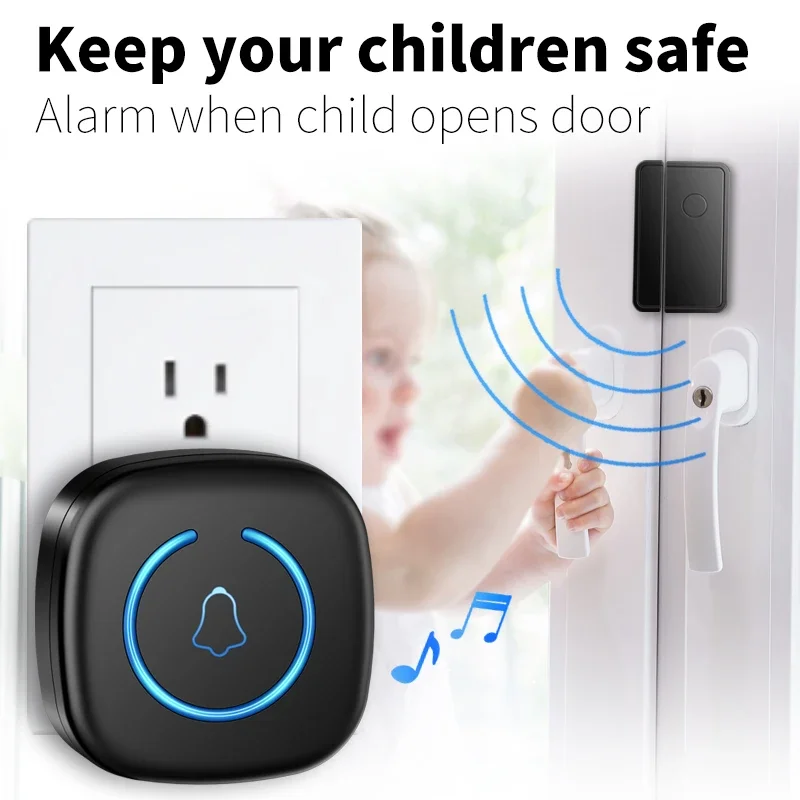 CACAZI Split Door Chime Wireless Sensor Chime for Door Opens Doorbell Alarm with Adjustable 5 Volumes and 60 Ringtone EU Plug