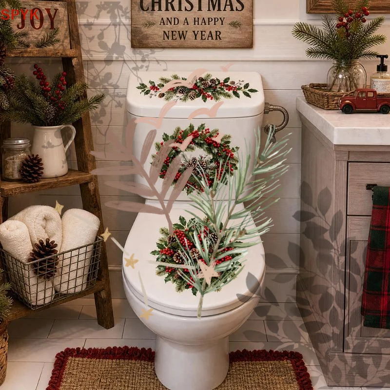 Christmas Pine Wreath Toilet Sticker Bathroom: Realistic Beach Floor Decal Waterproof Anti Slip