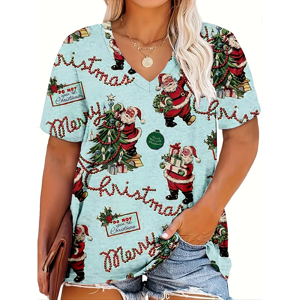 Cartoon Santa Claus Print Women's T-Shirts Fashion New Year Christmas Short Sleeve Casual V-neck Oversized Tops Street X'mas Tee