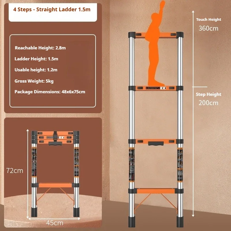 Stainless steel telescopic straight ladder, height 1.5-5.9m, engineering ladder, bamboo ladder, household maintenance ladder