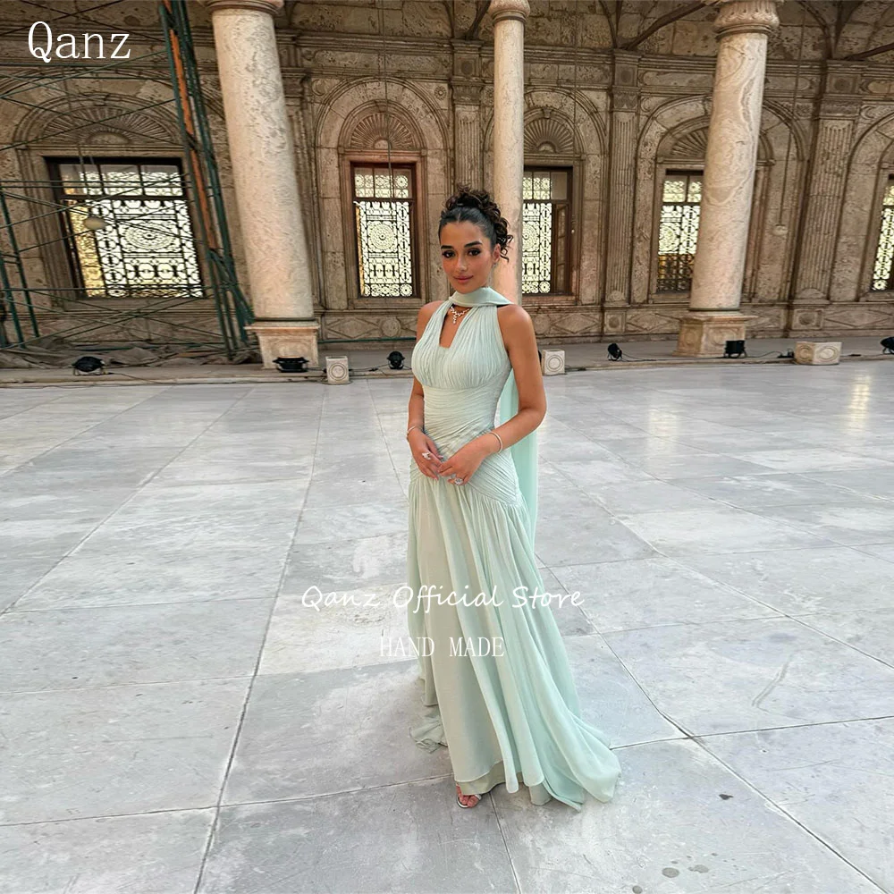 

Qazn Mint Green Evening Dresses Dubai Chiffon Long A Line Elegant Dresses For Special Event Backless Party Gowns Customized