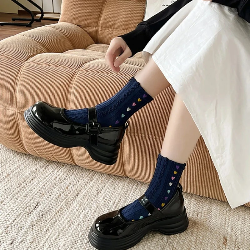 Colorful Heart Braid Five Finger Socks For Women Spring Autumn Middle Tube Cotton Socks Breathable Crew Socks Streetwear