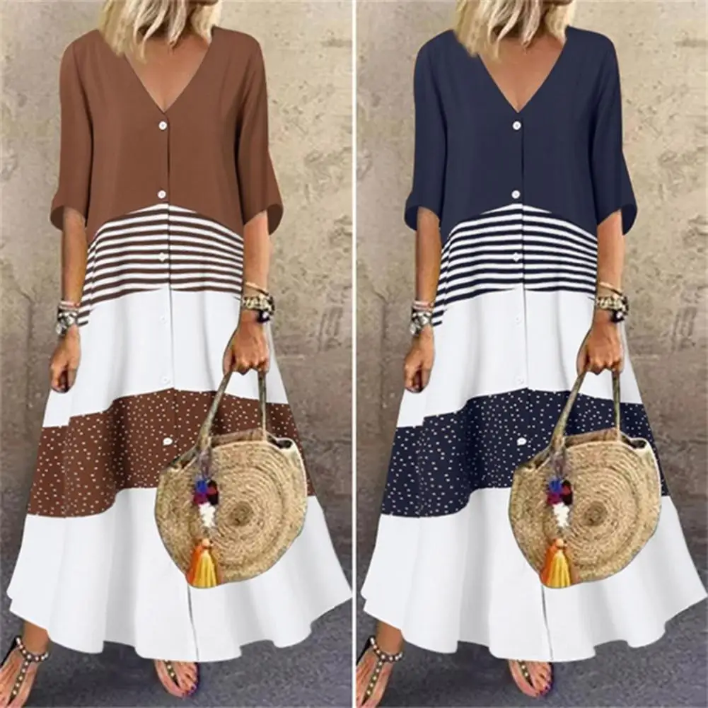 2024 Spring Oversize Women's Long Dress Print V-neck Short Sleeve Button Loose A-line Dresses Female Casual Elegant Lady Clothes