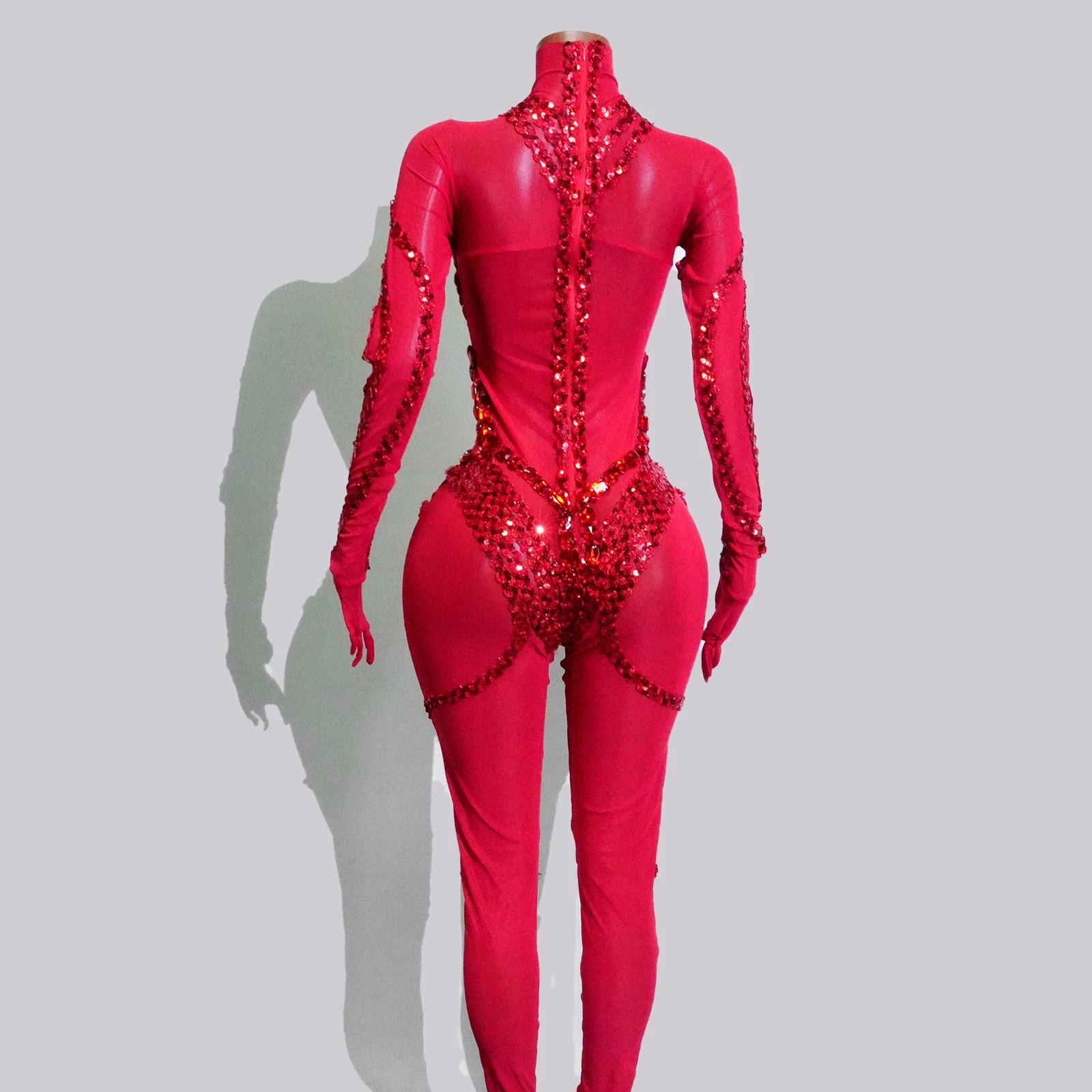 Kostium Showgirl Prześwitujący Brokatowy Czerwony Kombinezon z Cyrkoniami Cekiny Strój Sceniczny Klubowy na Występ Taneczny Imprezę Gogo Drag