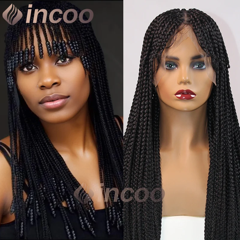 

32 Inch Full Lace Synthetic Braid Wig Knotless Box Braids Goddess Wig With Bangs Faux Locs Crochet Cornrow Braided Wig for Women