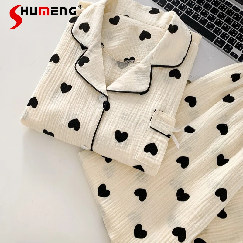 

Japanese Style Pure Cotton Gauze Pajamas for Women Spring Autumn Loose Homewear Set Female Long Sleeve Sweet Underwear