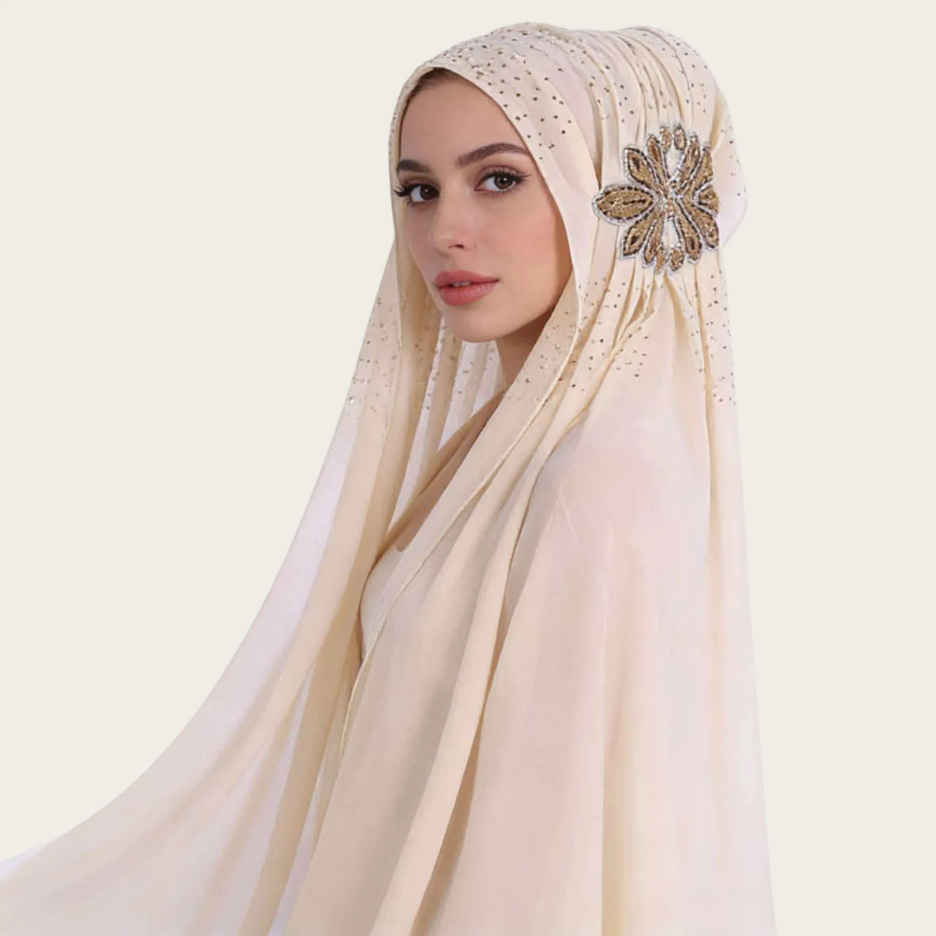 

Muslim Women's Hat Hijabs Soft Chiffon with Beading Ramadam Headscarf Party Luxury Versatile Scarf Dubai Black Hijab 70X170CM B2