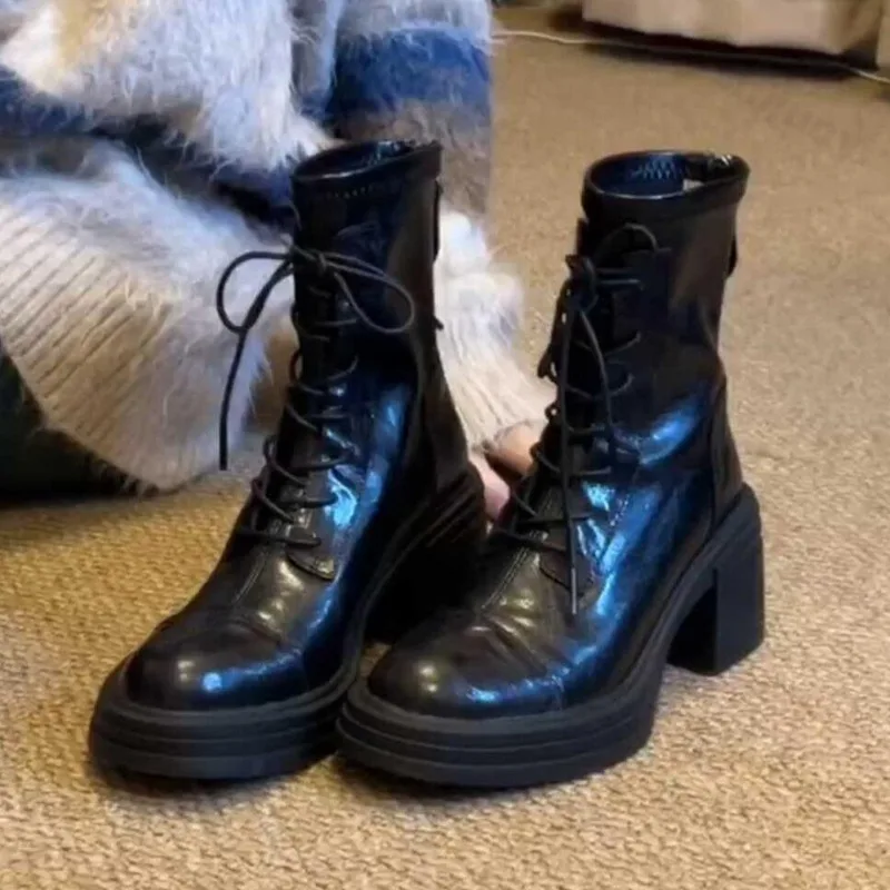 Mode Frauen Starke Ferse Stiefeletten 2025, Herbst Winter, Elegante Zurück Reißverschlüsse Lace Up Schuhe Moderne Leder Kurze Botas Para Mujer