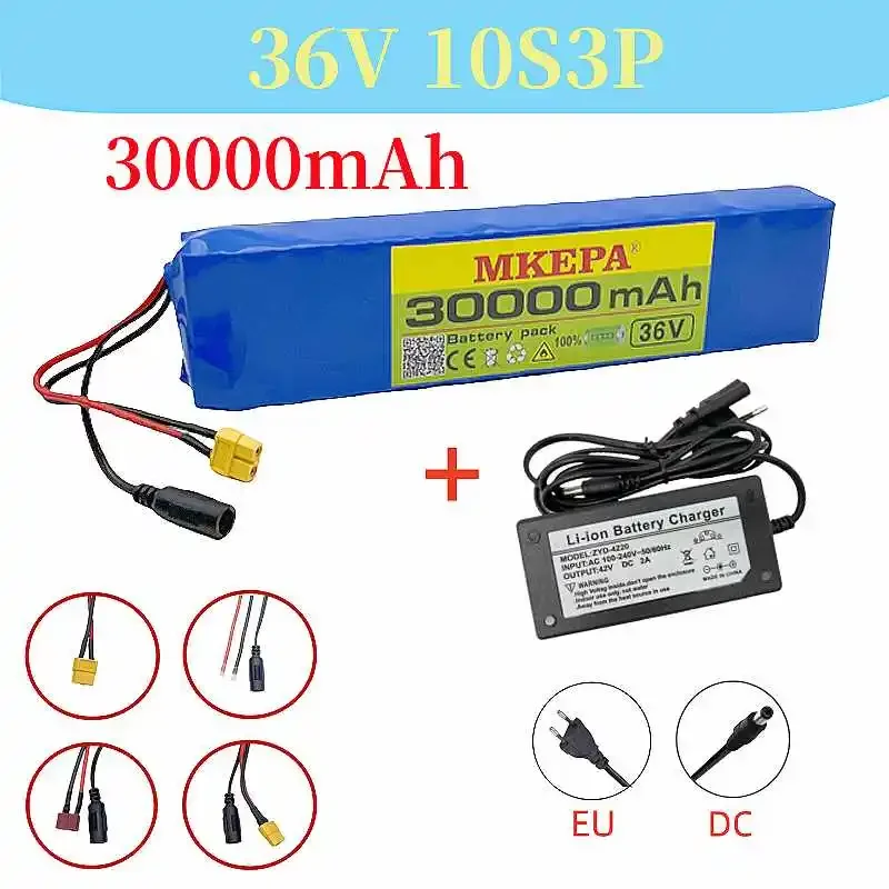 36V 30Ah 10S3P 18650 rechargeable high current lithium battery pack with various plugs for electric bicycles. charger