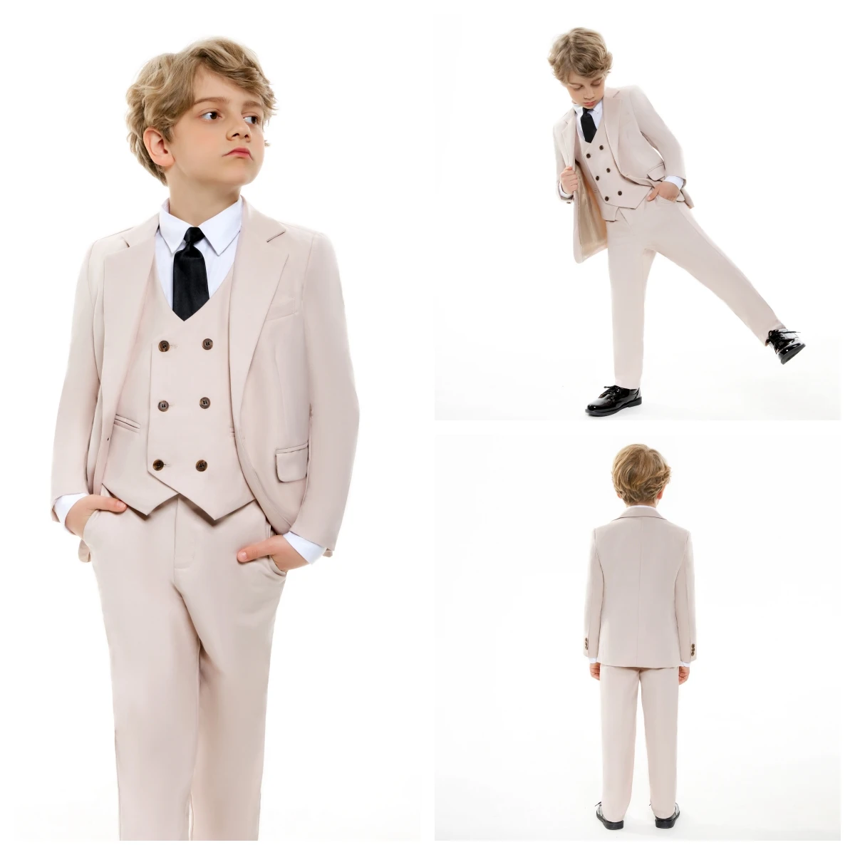 24h Ship Beige 4 Pcs Kids Suit Set Classic Single Button Boy\'s Tuxedo Blazer Vest Pants Birthday Wedding Party Suits For Child