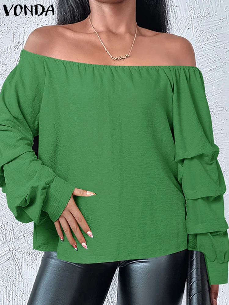 

Plus Size 5XL VONDA Women Fashion Off Shoulder Blouse 2024 Elegant Long Sleeve Shirts Streetwear Solid Lantern Sleeve Tops Blusa