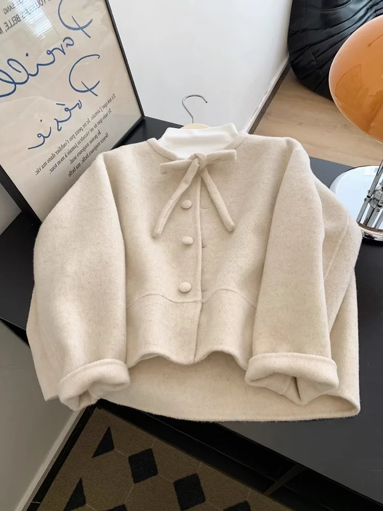 

Korean Sle Ins Knot Woolen Coat Autumn Winter Design Small Single Button round Ne Woolen Top Women's Faion