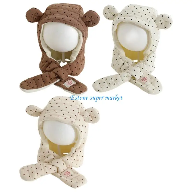 090B Infant Bear Hat with Integrated Scarf Stretchy Knit Hat Toddler Bobbet with Scarf Cotton Knit for Boy & Girls 1-3 Year