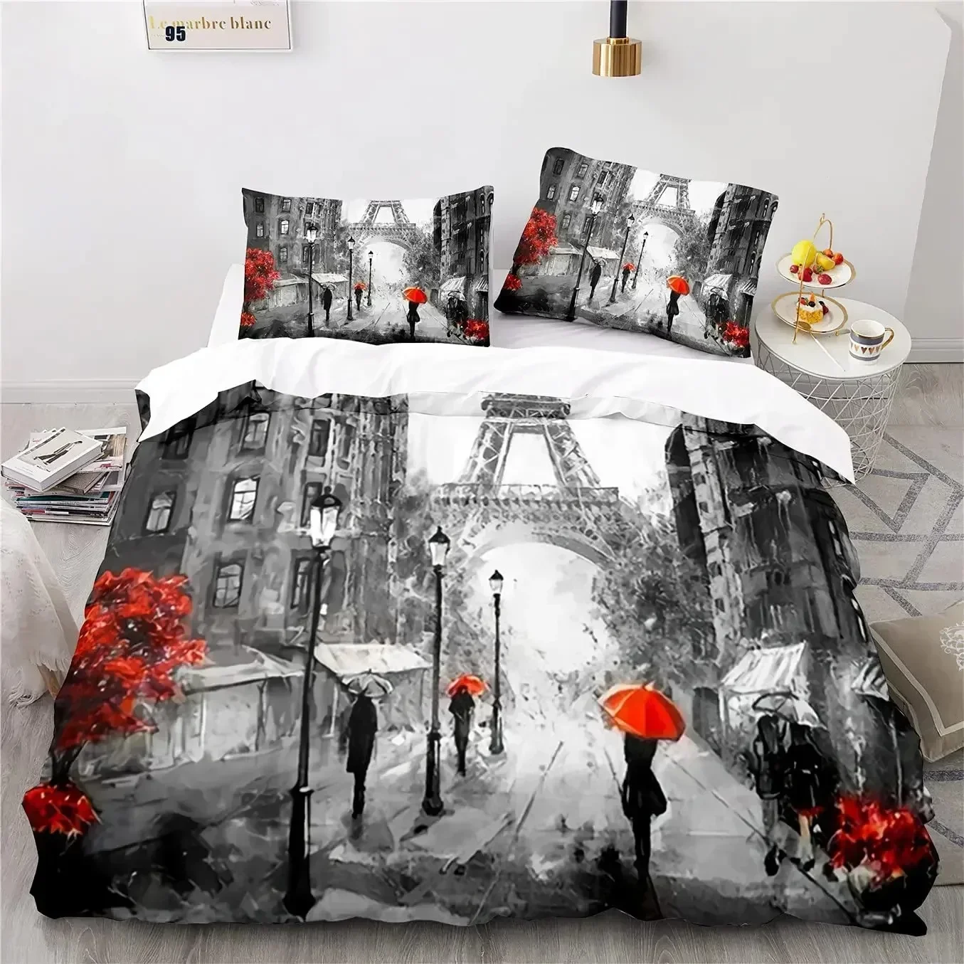 

Eiffel Tower Duvet Cover Paris France Bedding Set Retro Red Truck Quilt Cover City Building Automobile Polyester Cover Bed Sets