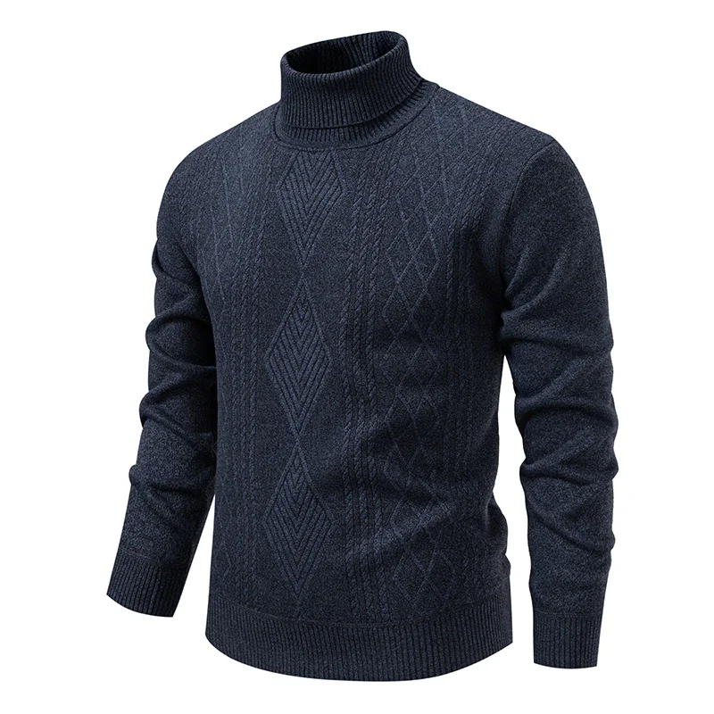 Winter Men's Fleece Warm Turtleneck Sweater Solid Color Geometric Knit Pullovers Men Thick Smart Casual Fashion Knitted Sweaters