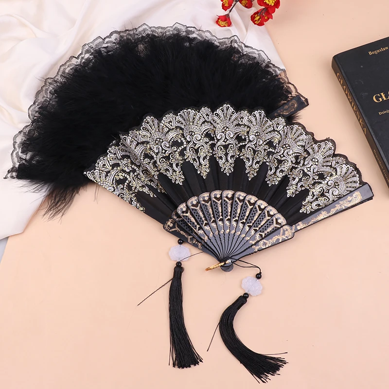 Gothic Court Dance Hand Fan Lolita Feather Folding Fan Japanese Sweet Fairy Girl Dark Art Craft Gift Wedding Party Decoration