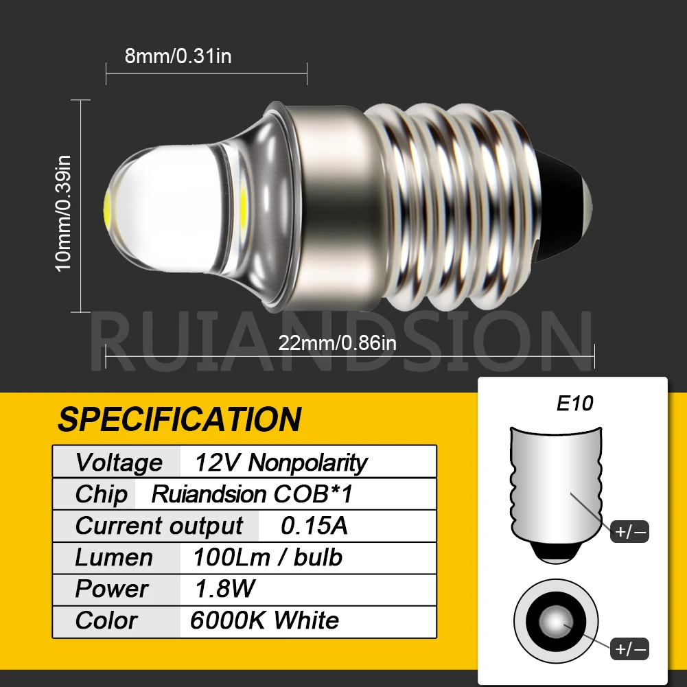 2x E10 Led Flashlight Bulb DC3V 12V Instrument Machine Bulb Indicator Lamp Replacement Torch Emergency Lamp Warm White/White Set image 3