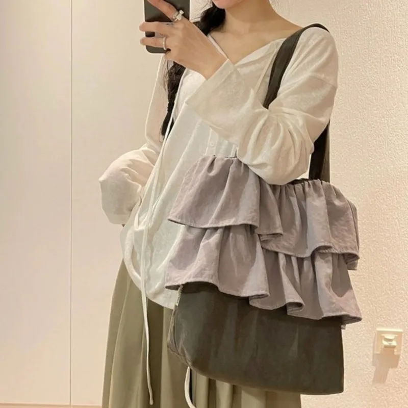 

Серая большая сумка с рюшами в стиле ретро, женская парусиновая лоскутная сумка-ведро большой вместимости, женские повседневные повседневные сумки на плечо в стиле Харадзюку