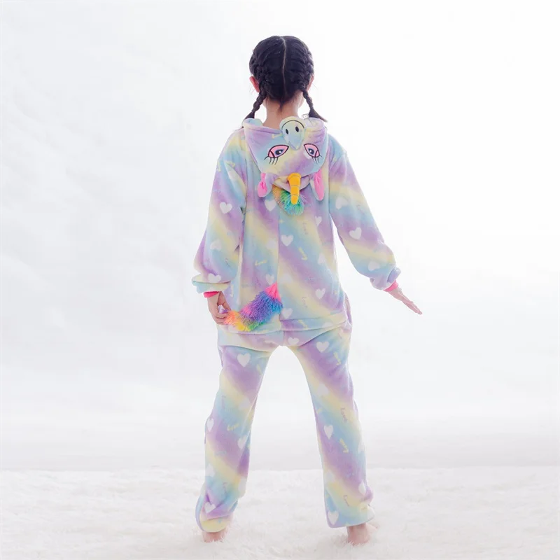 Flannel Colored Unicorn One-piece Pajamas Children Long Sleeve Hooded Loungewear Ankle-length Onesies Kigurumi Cartoon Jumpsuit