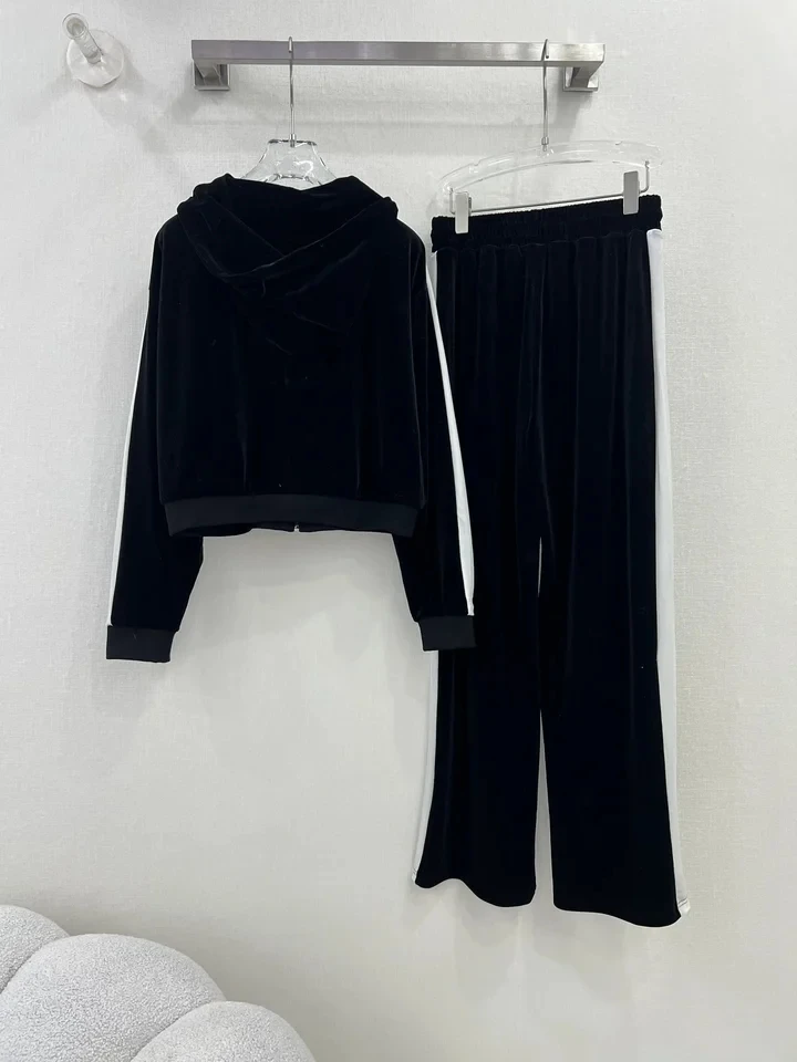 2024 Spring/Summer New Sports Leisure Style Contrast Velvet Hooded Coat+Elastic Waist Straight Leg Pants Two piece set