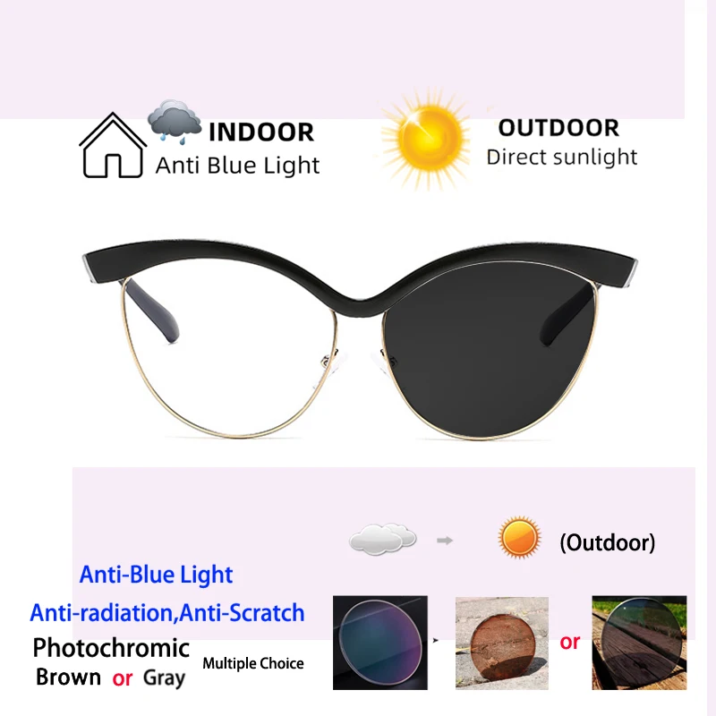 Brand Design Cat Eye Eyebrow Frame Myopia Glasses Prescription Photochromic Anti Blue Light Women Shortsight Eyewear 0 to -6.00