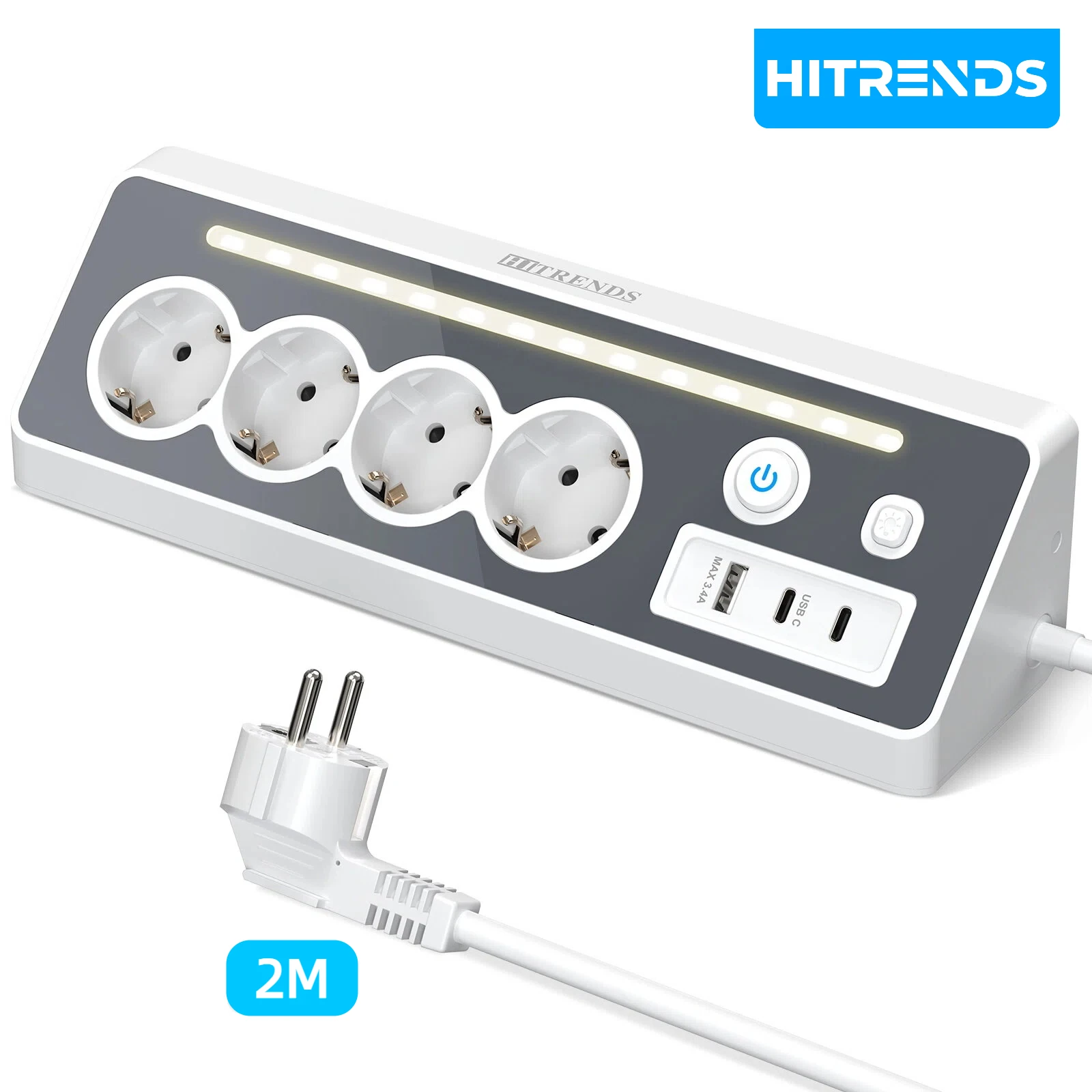 HITRENDS 8-in-1 Corner Socket | LED Night Light + 4 AC + 3 USB Smart Charging | Suitable for Kitchen / Bedroom / Office