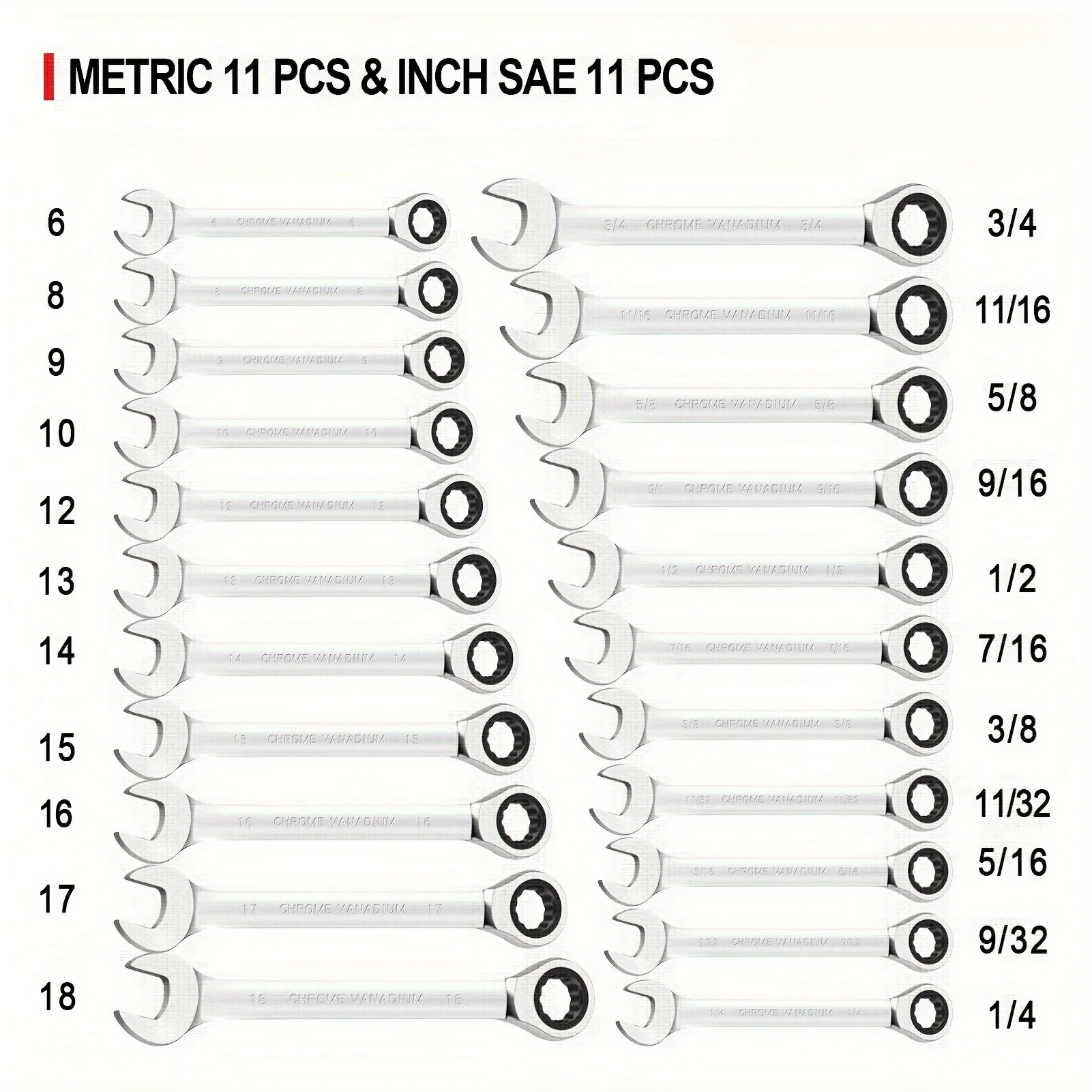 Tool Set Ratcheting Ratchet Wrenches Set 22 PCS, SAE 1/4-3/4 Inch & 6-18 Mm Gear Wrench Sets, Standard Combination Wrench Set for Car Repair And Household Equipment Repair, Chrome Vanadium Steel, Portable Handbag