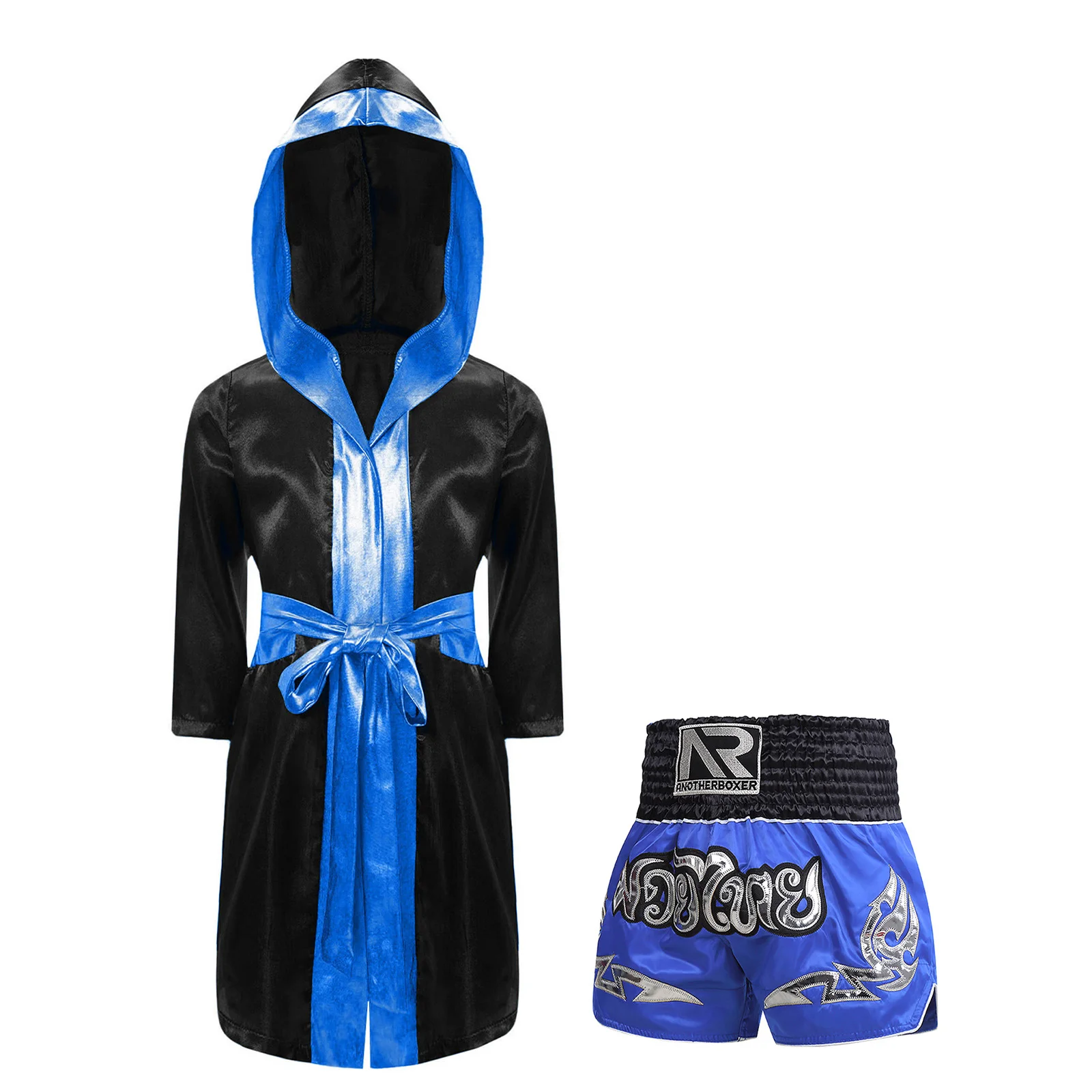 Kids Boys Boxing Robes Muay Thai Clothes Bjj Outfit Metallic Trim Satin Belted Hooded Cloak with Shorts Martial Arts Sanda Tops