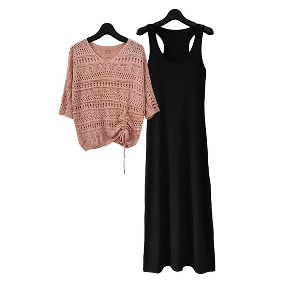Hook Flower Hollow V-Neck Knitted Short Sleeve Pullover Sweater Loose Black Modal Sleeveless Vest Dress Sets Two Piece Set 2024