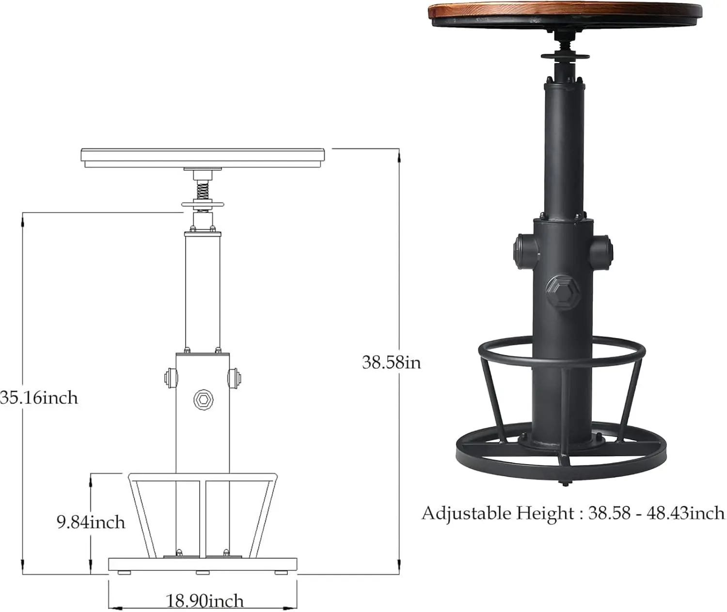 Tavolo da bar rotondo regolabile in altezza, piano in legno da 23,7' di diametro, tavolino da cucina per ufficio da pranzo
