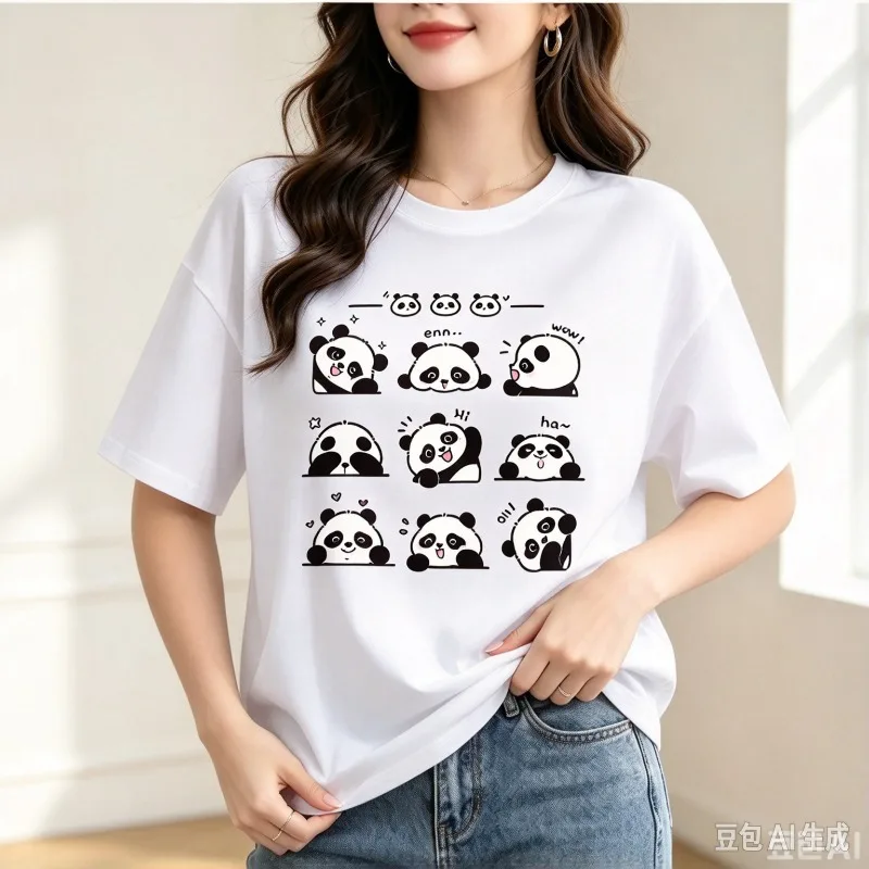 Cute Panda Emoji Women T Shirt Funny Animal Print Modal Fabric Trendy Kawaii Aesthetic Summer Casual Short Sleeve Tee Tops Gift