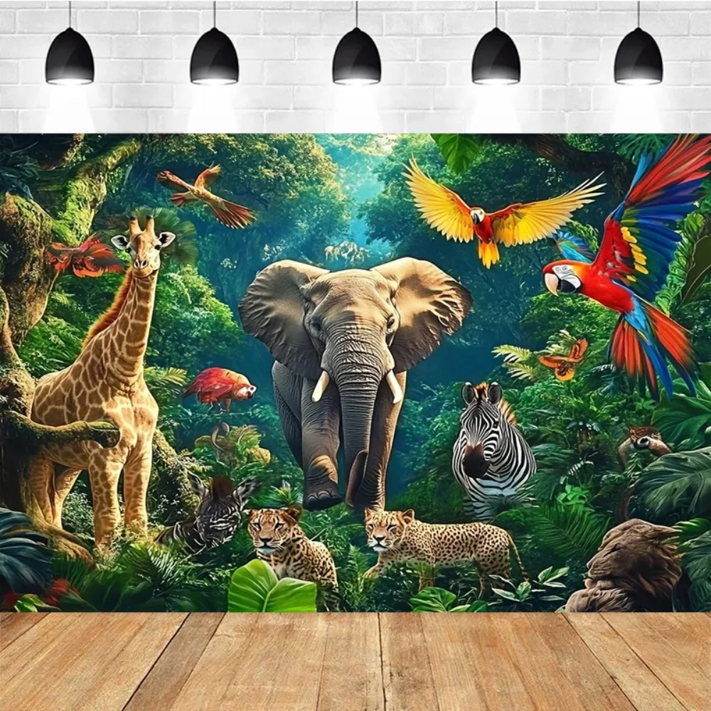 Jungle Adventure Wild Tigers Lions Elephants Theme Background, Birthday Party, Children's Room Decoration Photography Background