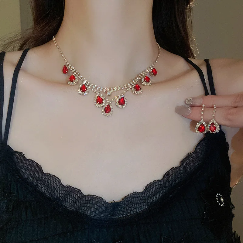 Silvery Red Water Drop Rhinestones Pendant Necklaces Multi-layer Neck Chain Earrings Gathering Banquet Party Set Gifts H