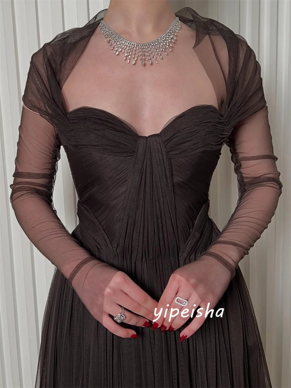 Customized Matching Sexy Tulle Pleat Ruched Draped A-line Off-the-shoulder Long Dresses Evening Dresses for Woman image 3