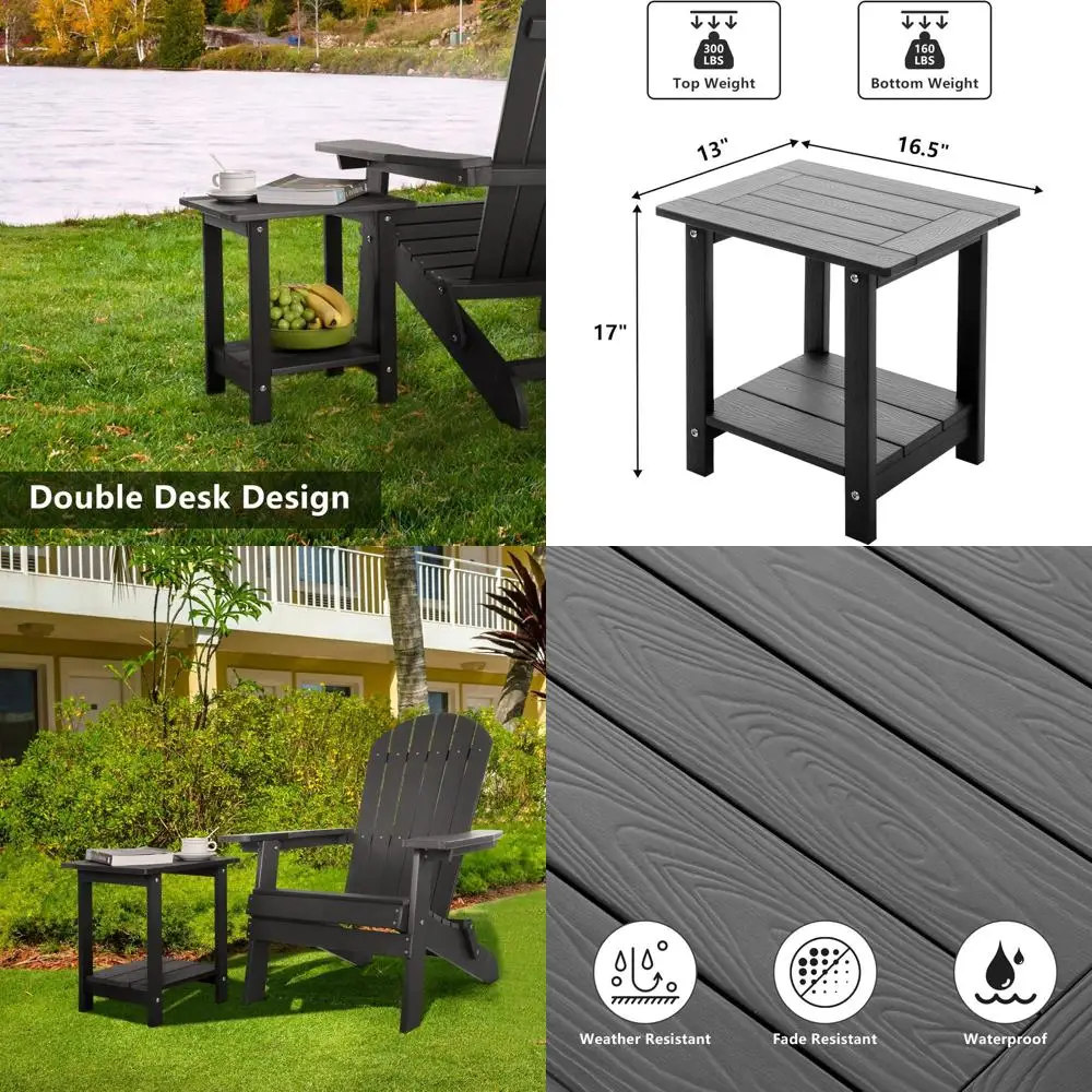 

Weatherproof Double Adirondack Side Table, Outdoor End Table or Chair Companion, Black Wood-Textured