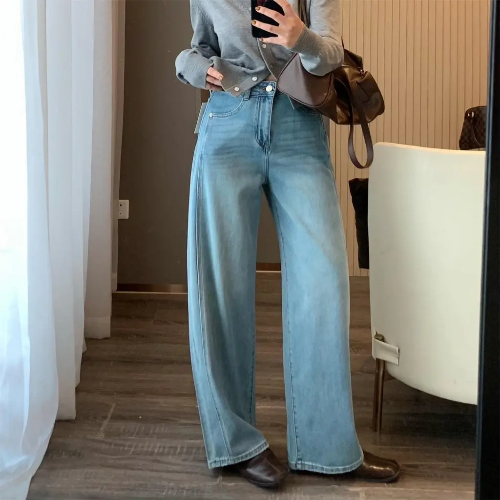 

Zedaijai Vintage Lyocell Cotton Straight-cut Loose Wide-leg Jeans for Women Comfortable Fit High Waist Bootcut Trousers