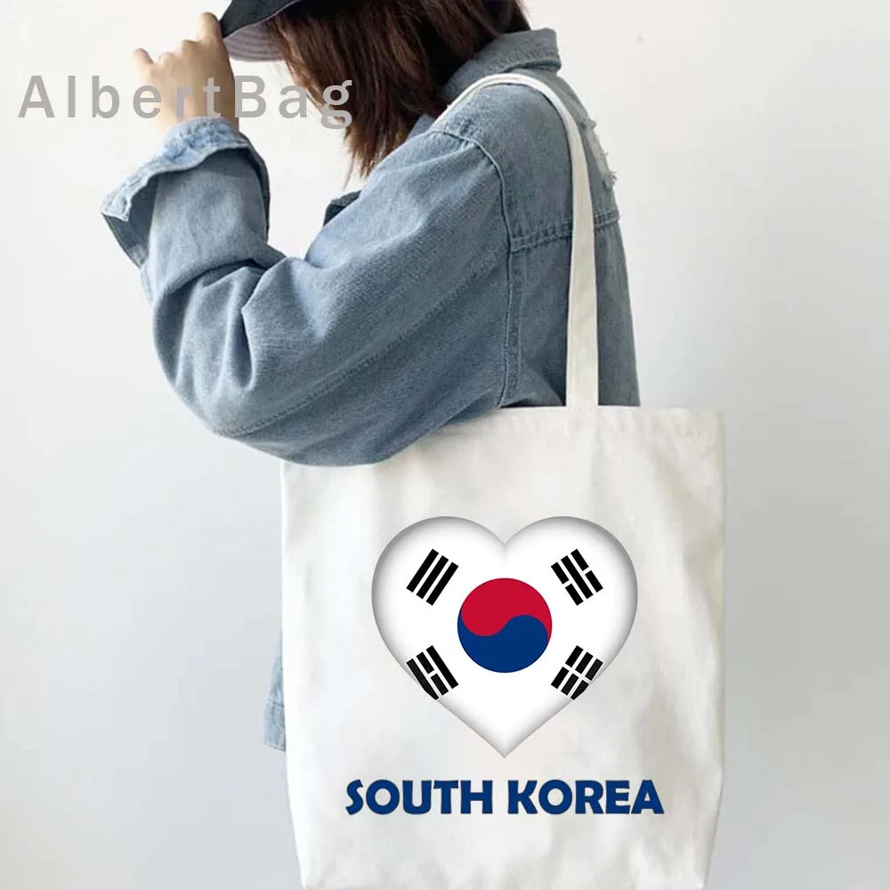 South Korea Shaka Hand Flag Korean Heart Emblem Seoul KPOP Lover Gifts Souvenir Canvas Shoulder Tote Bag Shopper Cotton Handbags