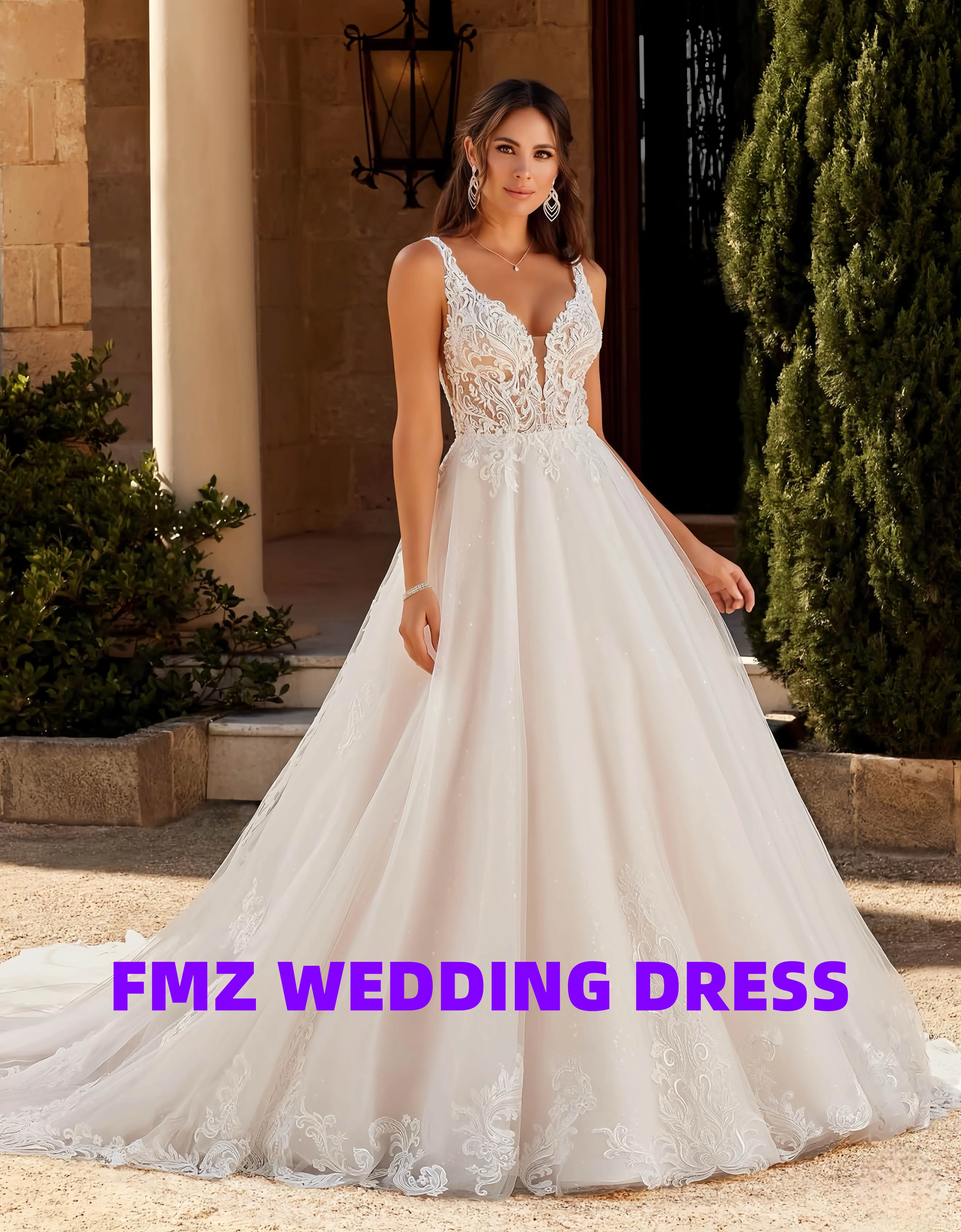 Customized Elegant women's tulle wedding dress V-neck sleeveless decal A-LINE latest vestidos de novia