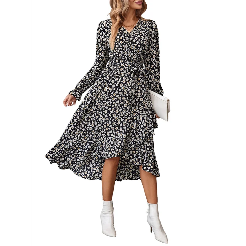 【SEE】فستان نسائي صيفي بوهو ماكسي مزين بالزهور وأكمام طويلة ورقبة على شكل حرف V وكشكش على شكل حرف A فساتين طويلة لحفلات الزفاف