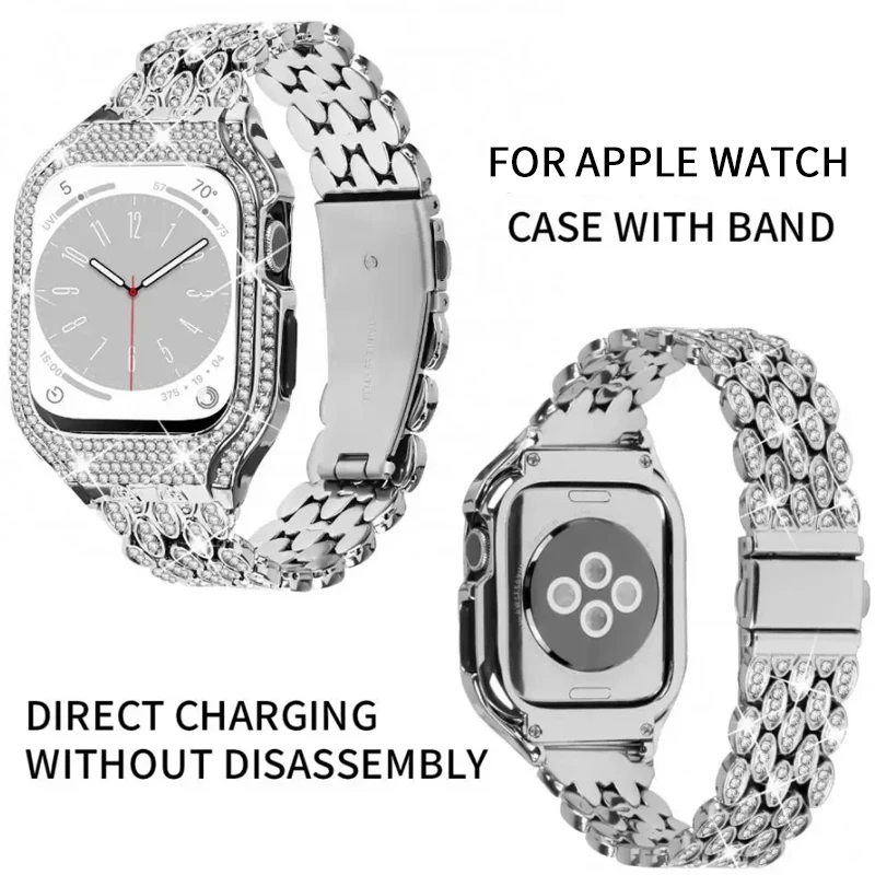 Metal+Diamond Case for Apple Watch Case 9 8 7 41mm 40mm Stainless Steel Protective Shell For iWatch 6 5 4 SE 41mm 40mm Cover