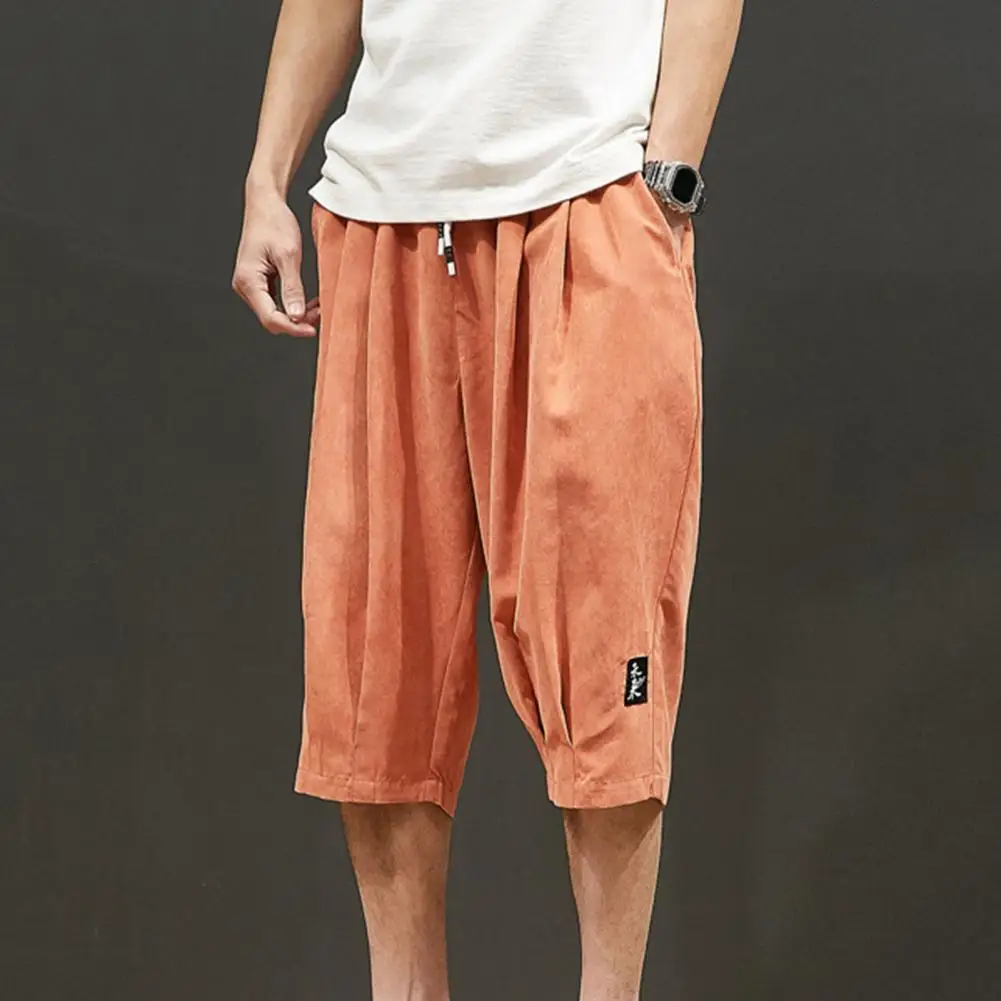 Men Plus Size Summer Harem Pants Mid-rise Elastic Waistband Drawstring Pockets Pleated Cropped Pants Men Calf-length Baggy Pants