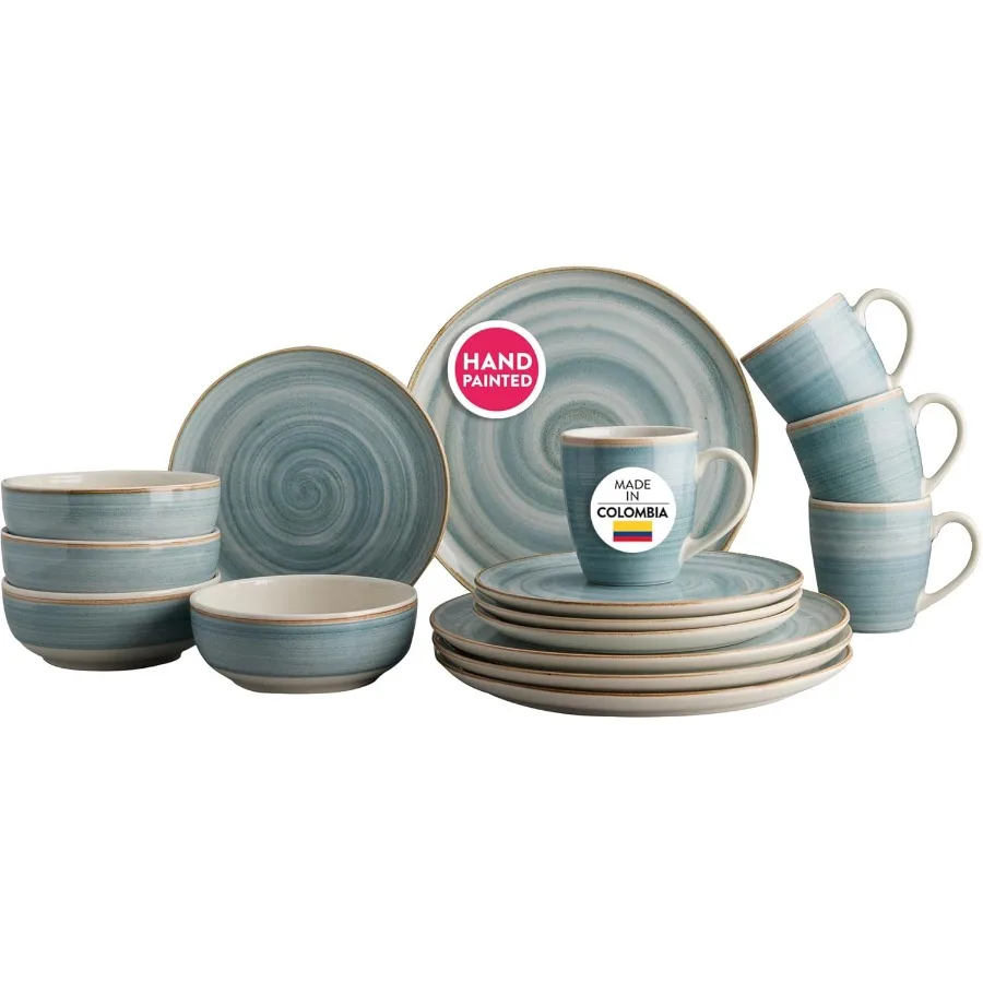 

16Piece Rustic and Modern HandPainted Ceramic Dinnerware Set for Dining Service for 4 Includes Plates Bowls and Mugs with Uniqu