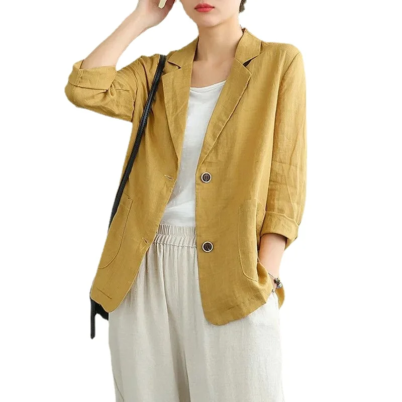 Casual Katoenen En Linnen Colbert Dames 2023 Lente En Zomer Nieuwe Losse Stevige Blazer Met Lange Mouwen Zonnebrandkleding Voor Dames