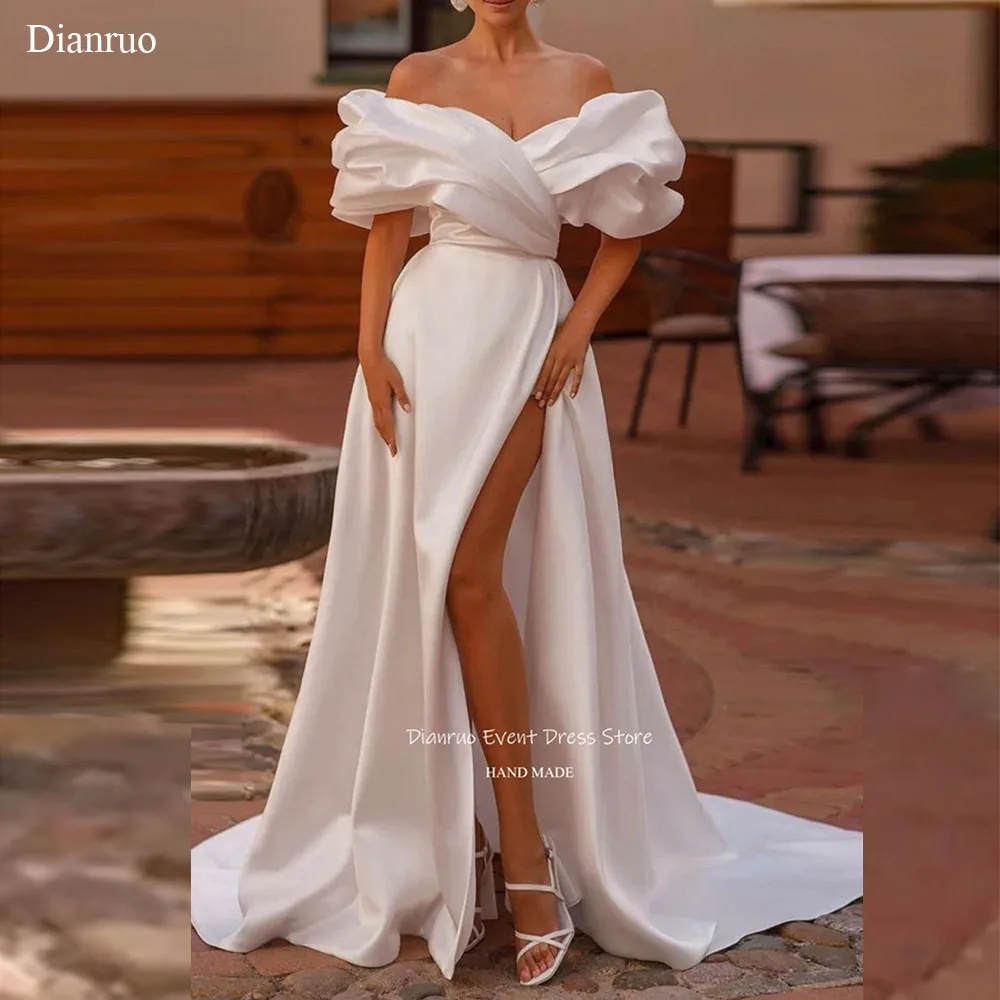 فستان زفاف Dianruo بأكمام منتفخة على شكل حرف A بدون أكتاف مكشكش فيستدو دي نويفا ذيل بفتحة عالية فستان سهرة رسمي مخصص