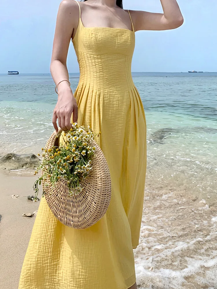 

Summer Beach Holiday Midi Dress Women Fashion Sleeveless Square Collar Solid High Quality Fairy Dresses 2024 Slim Vestidos