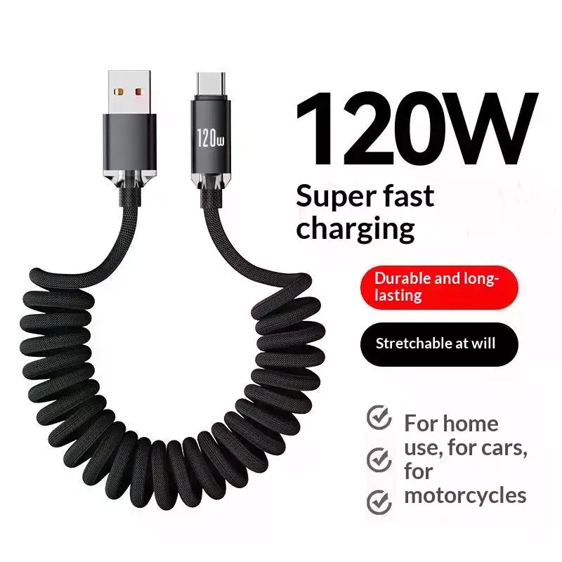 120W Car Type C To USB C Fast Charging For Phone USB A To Type C Spring Telescopic Cable For Car Travel Office Use
