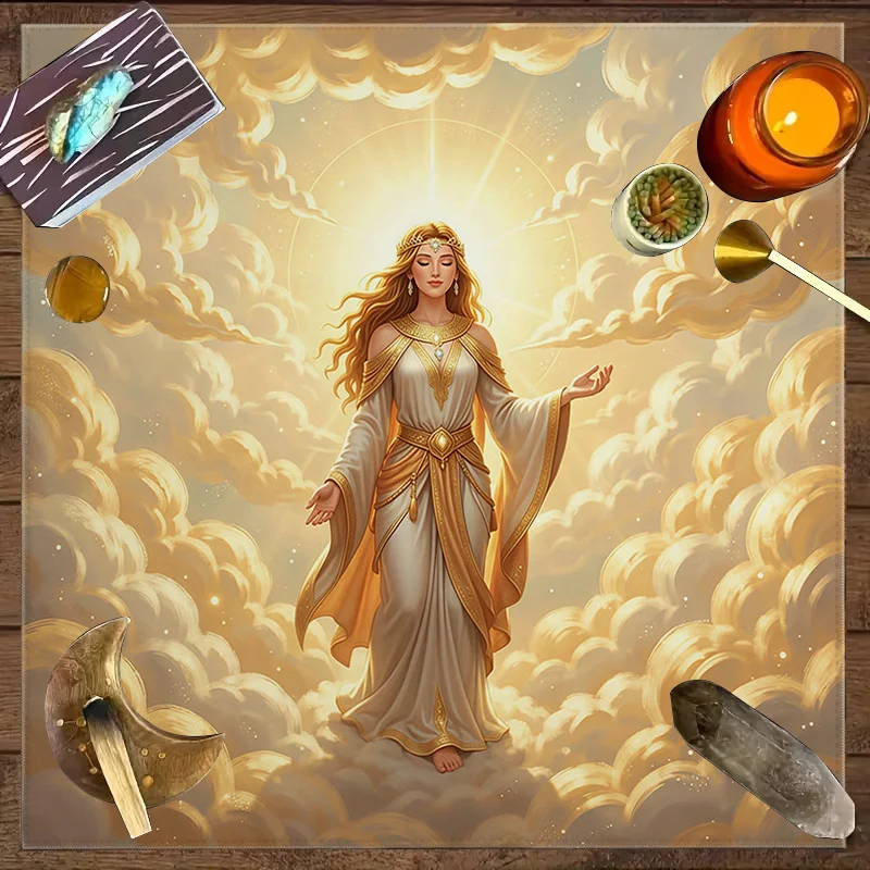 Tapis d'autel en velours doré pour tarot, déesse de la lumière, 50/75/110/137cm, nappe spirituelle divine, décoration de prière pour divination et sorcellerie