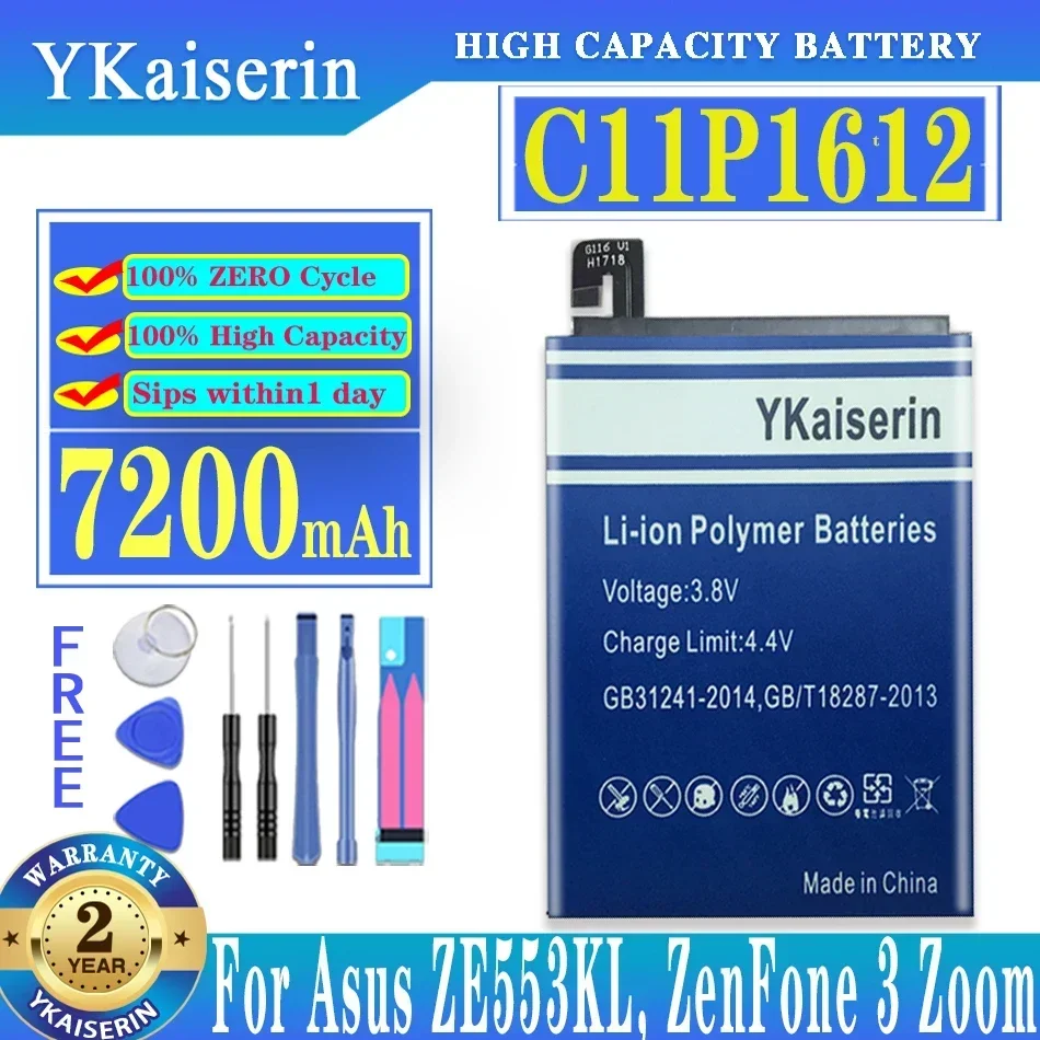 YKaiserin For Asus ZenFone 3 Phone Battery For ASUS ZE553KL ZenFone3 Dual Z01HDA SIM LTE Zoom S C11P1612 7200mAh Batteria