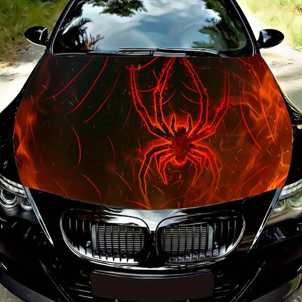 

Burning Red Flame Spider Web Car Hood Decal Sticker, Durable Car Vinyl Wraps Suitable for Most Vehicles, Auto Accessories Engine